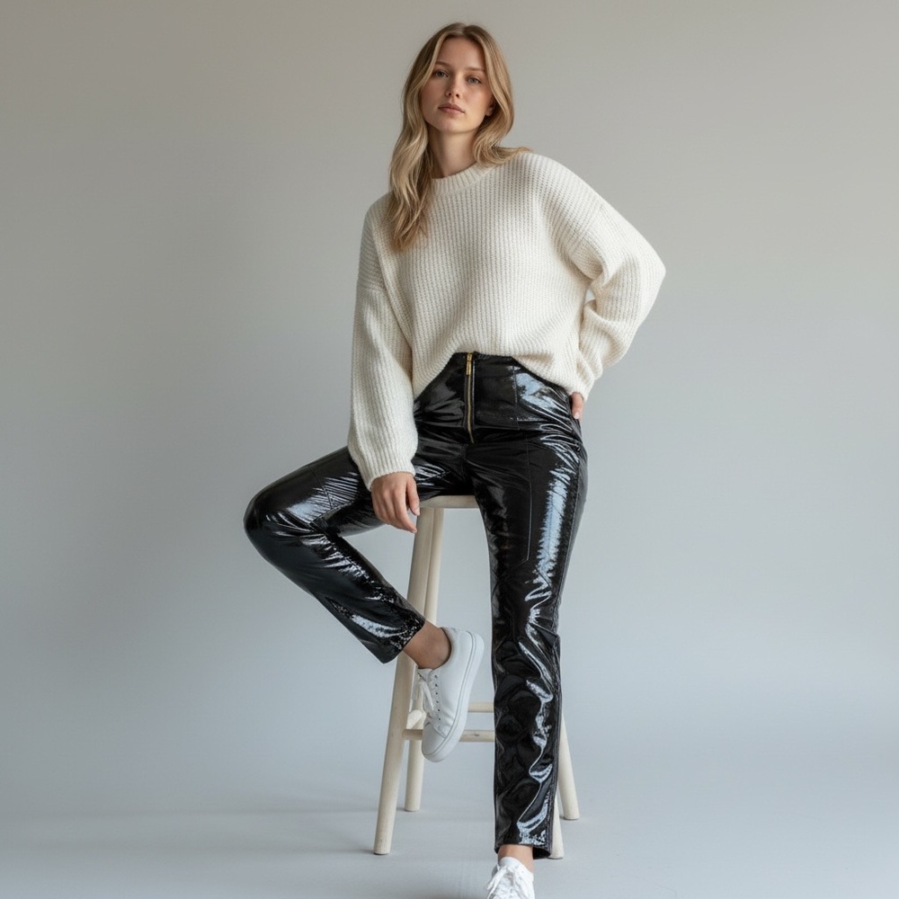 RV LEOA Wet Look Faux Leather High-Waist Woman’s M Black Skinny Pants